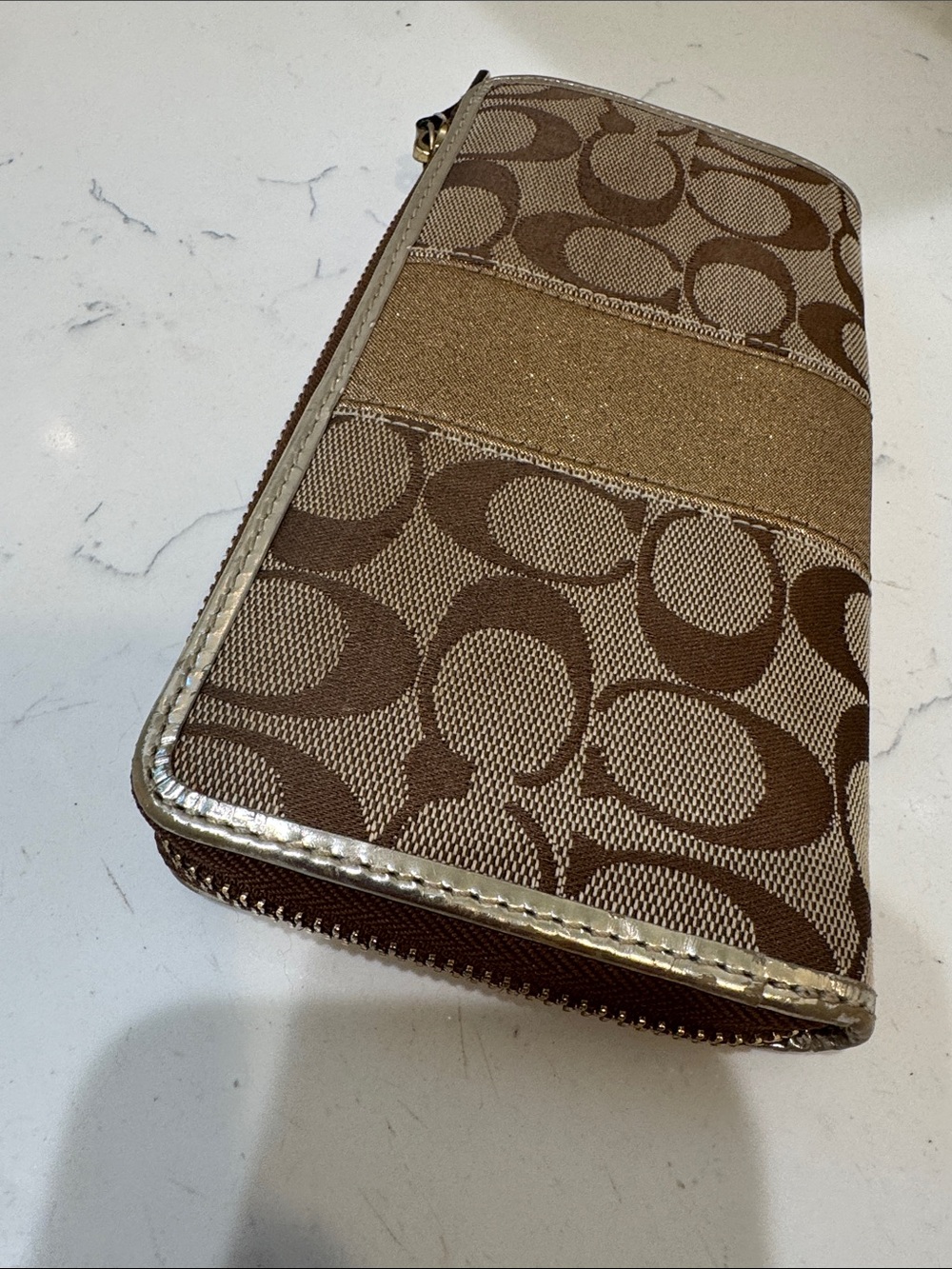 Coach Brown Monogram Wallet with Metallic Gold Trim - Picture 8 of 13